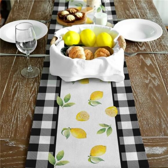 Black Buffalo Check Summer Table Runner 72” w/ Lemon Vase-Rustic Farmhouse  Deco - Picture 5 of 7